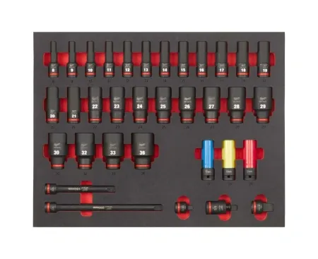 Набор головок ударных удлиненных 1/2'' (34 шт) (8, 9, 10, 11, 12, 13, 14, 15, 16, 17, 18, 19, 20, 21, 22, 23, 24, 25, 26, 27, 28, 29, 30, 32, 33, 36, автомобильные 17, 19, 21) в ложементе Milwaukee купить в Минске