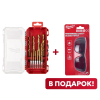 Набор сверл по металлу с хвостовиком 1/4'' Hex RED HEX HSS-TiN (10 шт) (3-10мм) + Очки защитные PERFORMANCE с защитой от царапин и запотевания (затемненные) Milwaukee купить в Минске